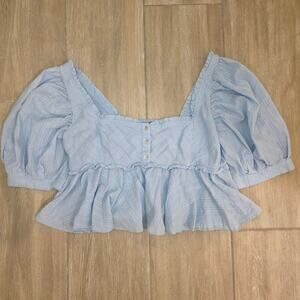 Free People Light Blue Puff Sleeve Peplum Top Square Neck Cotton Size L